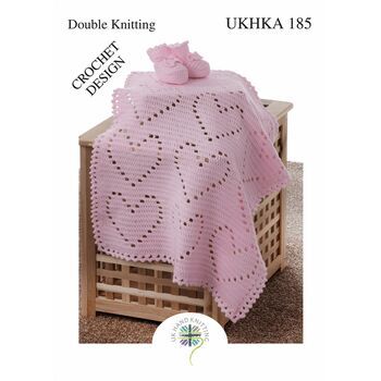 UKHKA 185 Crochet Heart Design Baby Booties & Blanket Double Knitting Pattern