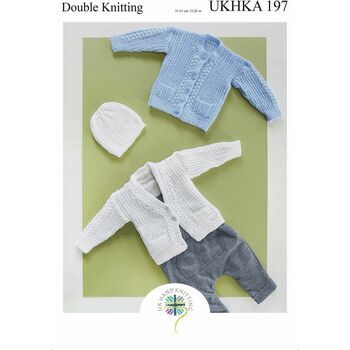 UKHKA 197 Baby Cardigans & Hat Double Knitting Pattern