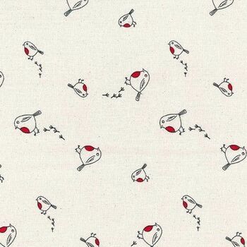 Christmas Scandi Print Fabric - Robins Natural/Red (Per metre)