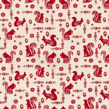 Christmas Scandi Print Fabric Squirrel Natural/Red (Per metre)