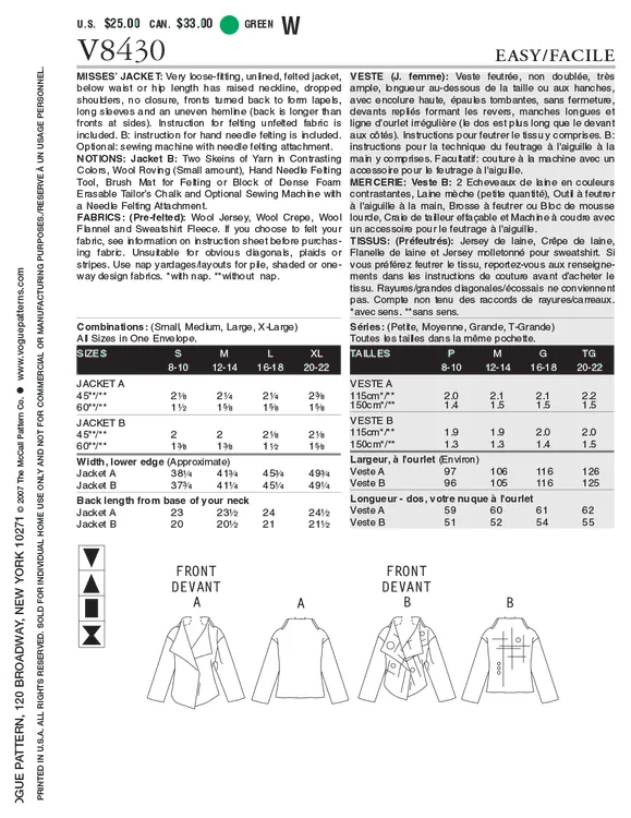 Vogue pattern V8430 from £16.50