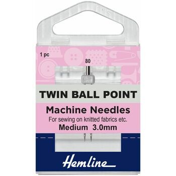 Hemline Twin Ball Point Sewing Machine Needles - 80/12, 3mm (1 Piece)