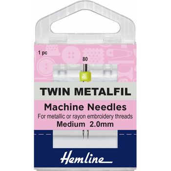 Hemline Twin Metalfil Sewing Machine Needles - 80/12, 2mm (1 Piece) - 5 Packs