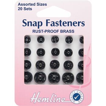 Hemline Brass Sew-On Snap Fasteners - Black (Assorted Sizes)
