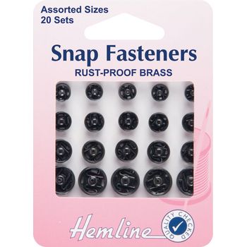 Hemline Brass Sew-On Snap Fasteners - Black (Assorted Sizes)