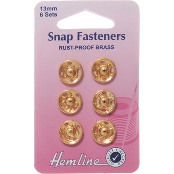 Hemline Brass Sew-On Snap Fasteners (Gold) - 13mm