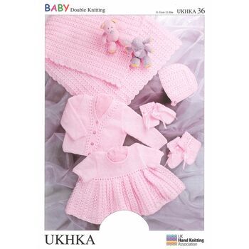 UKHKA DK Knitting Pattern N.36: Shawl/Cardigan, Dress, Hat, Mitts & Bootees