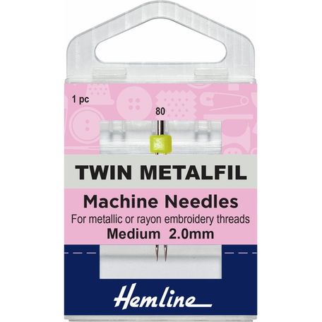 Hemline Twin Metalfil Sewing Machine Needles - 80/12, 2mm (1 Piece) - 5 Packs