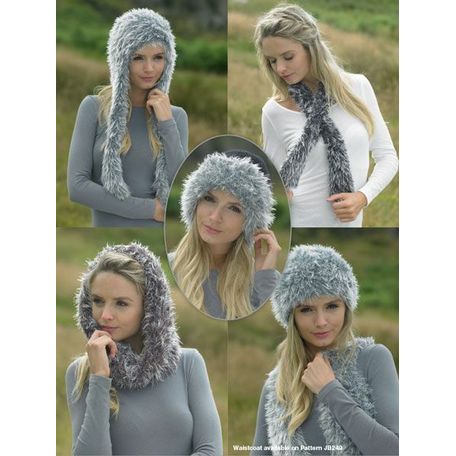 James C Brett JB251 Faux Fur Chunky Knitting Pattern - Hats, Scarf &amp; Snood