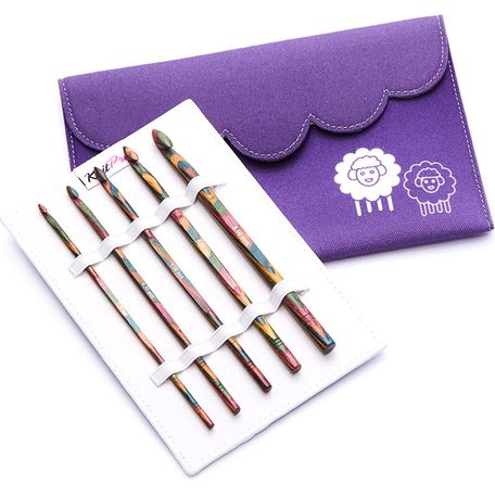 Knit Pro Symfonie pack of 5 Birchwood Crochet Hooks in Purple fabric case.