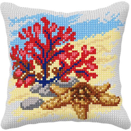 Cross stitch Cushion Cover 'Coral and Starfish'