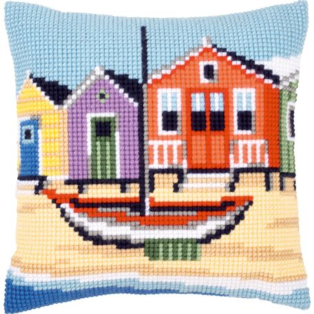 Cross stitch cushion Cover Boat and Huts