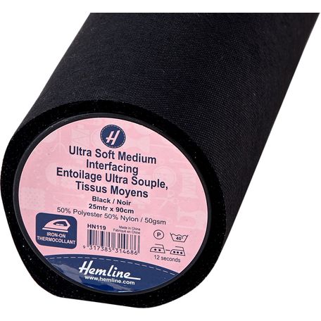 Hemline Ultra-Soft Interfacing Medium: Iron-on: 25m x 90cm: Black
