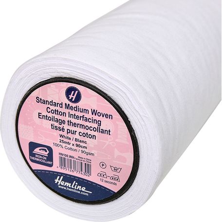 Hemline Interfacing: Standard: Medium: Cotton: Woven: Iron-on: 25m x 90cm: White