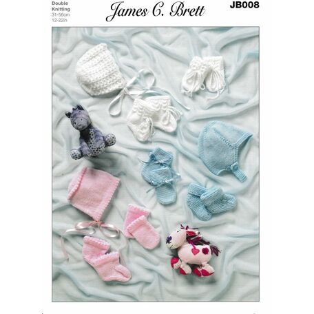 James C Brett DK Knitting Pattern JB008 (Baby Bonnet/Mittens/Bootees)