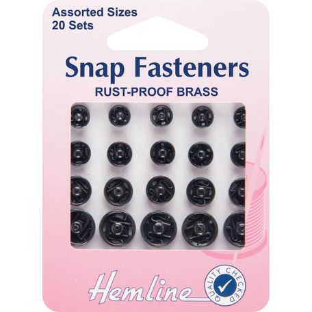 Hemline Brass Sew-On Snap Fasteners - Black (Assorted Sizes)