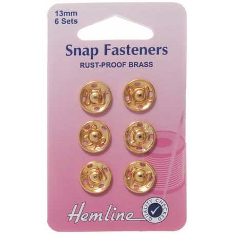 Hemline Brass Sew-On Snap Fasteners (Gold) - 13mm