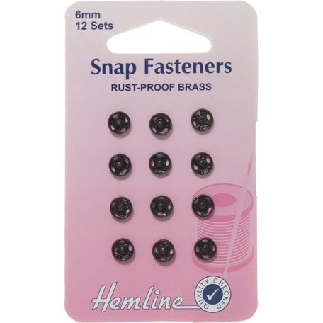 Hemline Brass Sew-On Snap Fasteners (Black) - 6mm