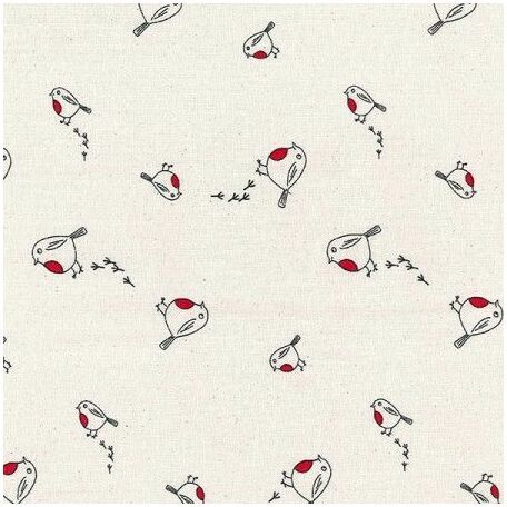 Christmas Scandi Print Fabric - Robins Natural/Red (Per metre)